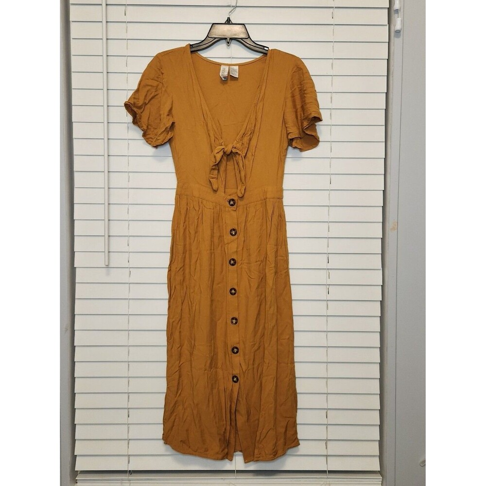 Mimi Chica Women’s Mustard Tie-Front Button-Down Midi Dress Size Small